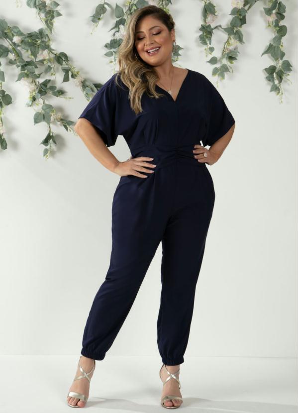 Quintess - Macacão Marinho com Sobreposição Drapeada 4