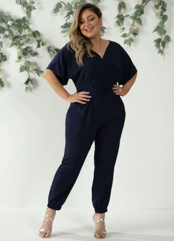 Quintess - Macacão Marinho com Sobreposição Drapeada 4