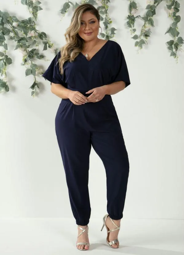 Quintess - Macacão Marinho com Sobreposição Drapeada 6