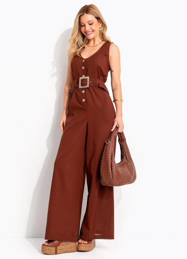 Quintess - Macacão Marrom em Linho