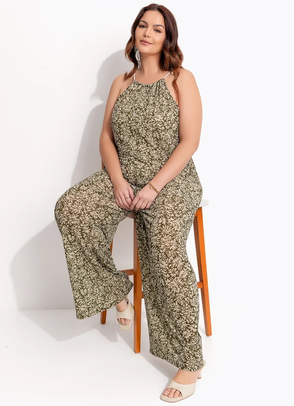 Quintess - Macacão Mini Floral em Malha Plissada