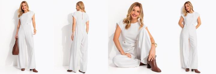 Macac�o Pantalona Off White em Alfaiataria com Ombreiras e Martingale