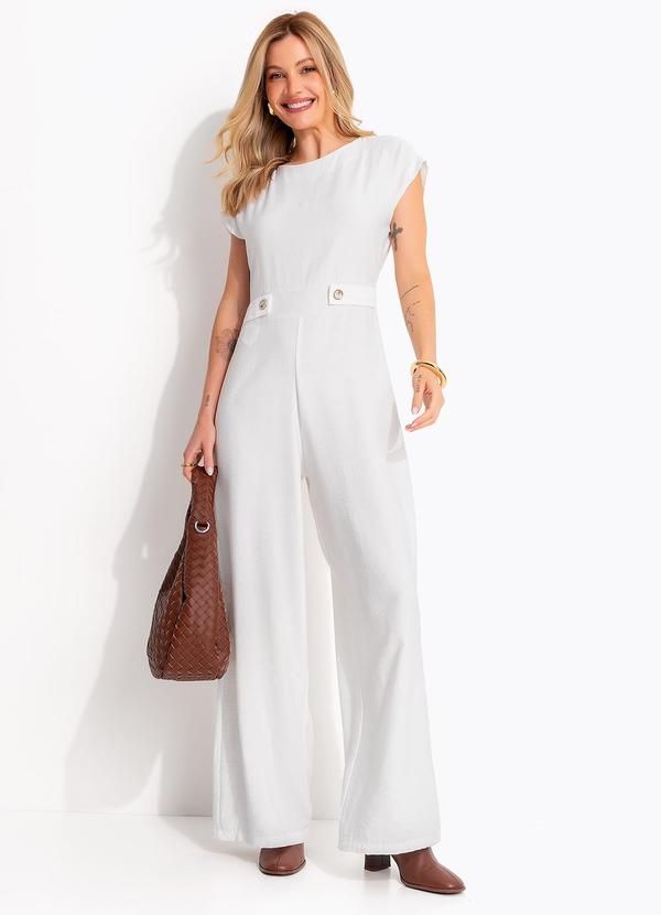 Macac�o Pantalona Off White em Alfaiataria com Ombreiras e Martingale