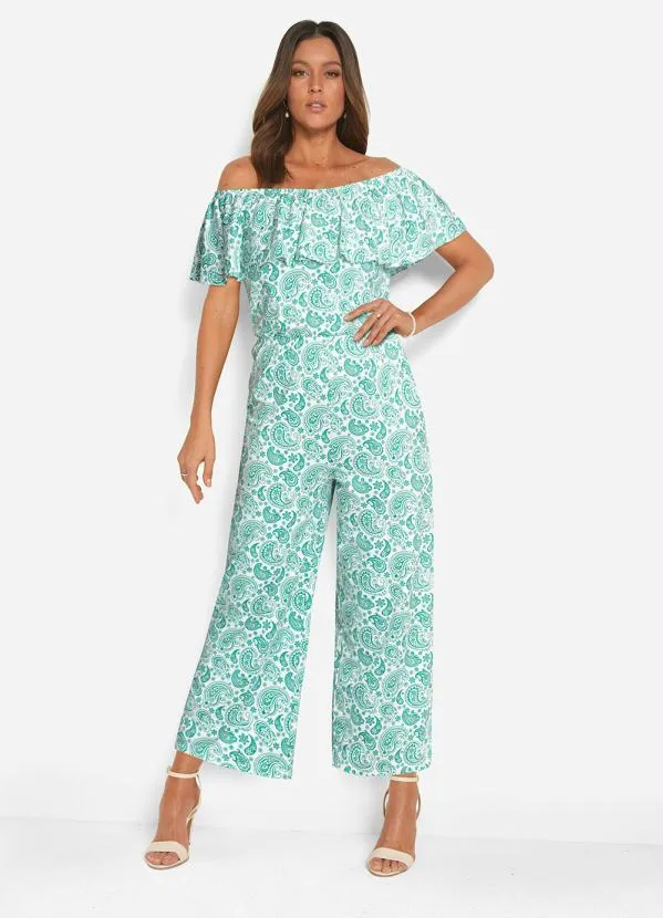 Outlet - Macacão Ombro a Ombro Paisley Verde