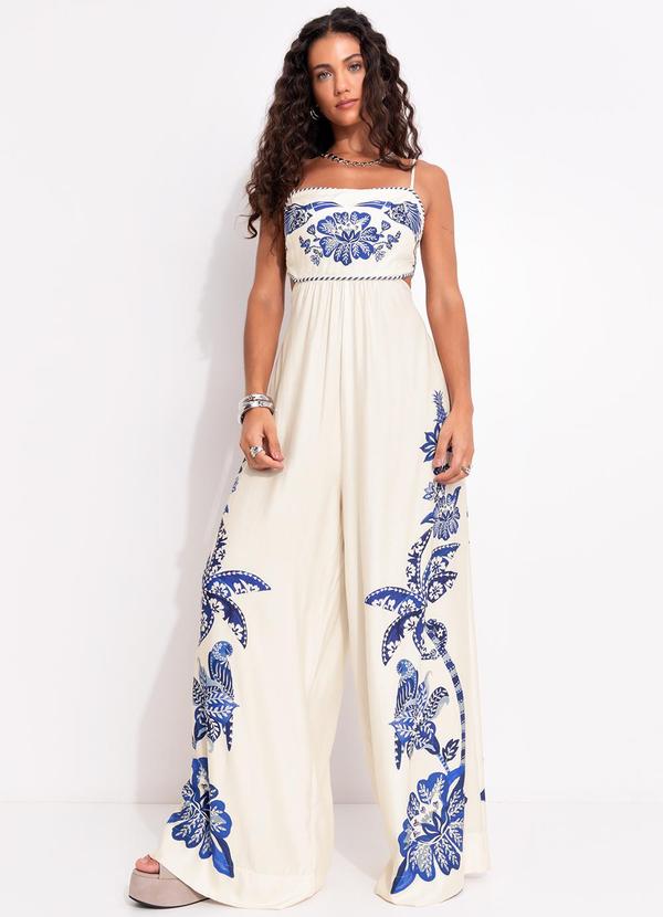 Farm - Macacão Pantalona Coqueiro Tropical Bege