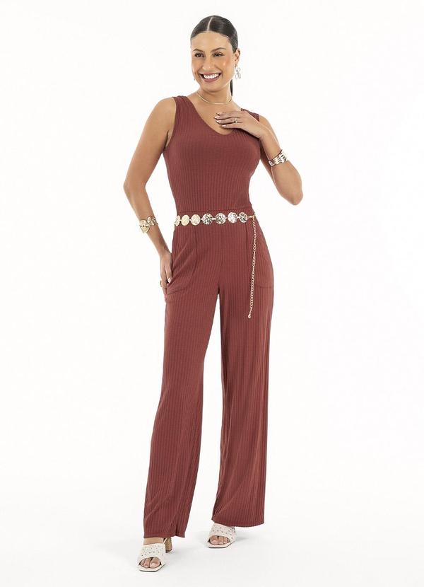 Habana - Macacão Pantalona em Canelado Marrom Escuro