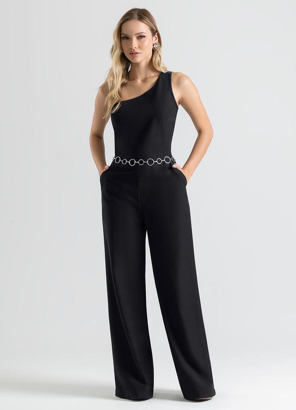 Cativa - Macacão Pantalona em Tecido Texturizado Preto