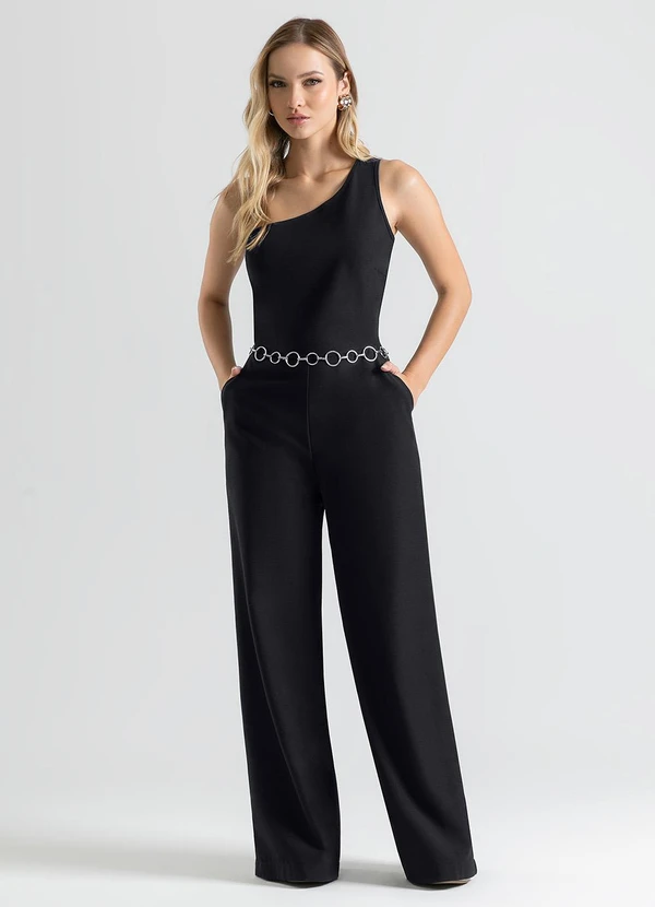 Cativa - Macacão Pantalona em Tecido Texturizado Preto