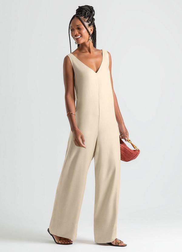 Cativa - Macacão Pantalona em Viscose Bege