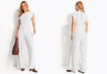 Macac�o Pantalona Off White em Alfaiataria com Ombreiras e Martingale