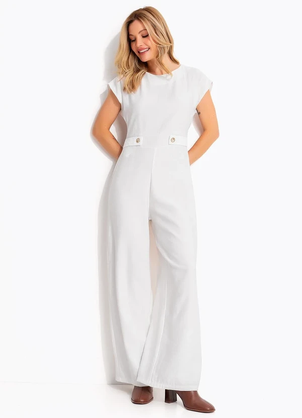 Quintess - Macacão Pantalona Off White em Alfaiataria com Ombreiras e Martingale 3