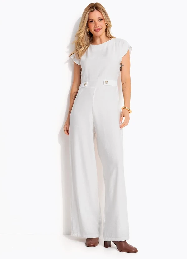 Quintess - Macacão Pantalona Off White em Alfaiataria com Ombreiras e Martingale 2