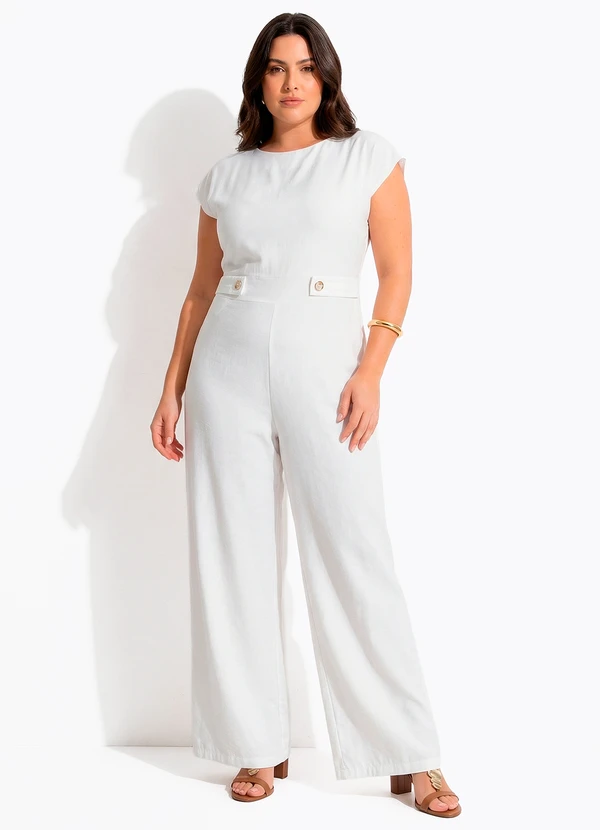 Quintess - Macacão Pantalona Off White em Alfaiataria com Ombreiras e Martingale 8