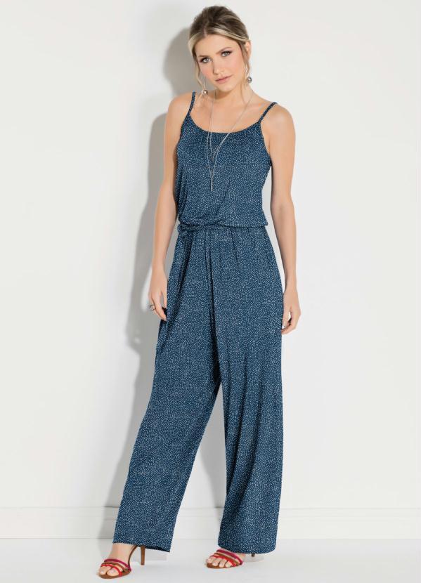 Quintess - Macacão Poá Marinho com Alcinhas e Faixa