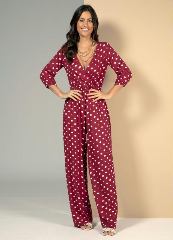 Quintess - Macacão Poá Vermelho com Decote Transpassado