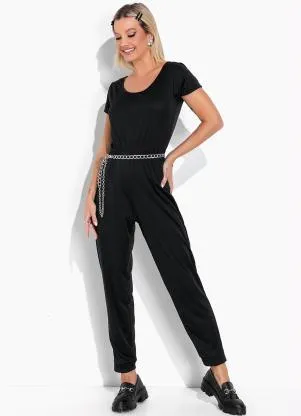 Moda Pop - Macacão Preta com Mangas Curtas - MODA POP