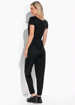 Moda Pop - Macacão Preta com Mangas Curtas - MODA POP