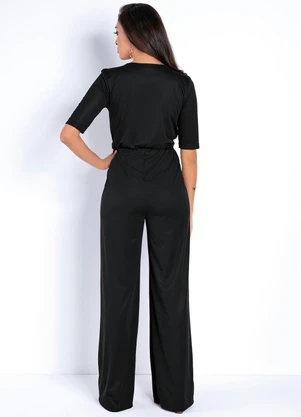 Moda Pop - Macacão Preta Pantalona com Fivela na Cintura - MODA POP