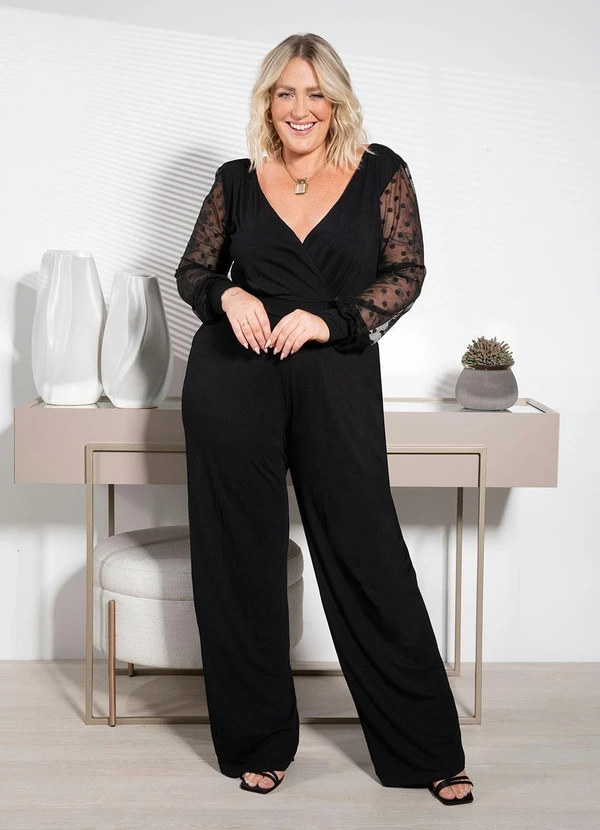 Quintess - Macacão Preto com Mangas Longas de Tule 3