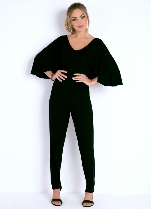 Quintess - Macacão Preto com Sobreposição Estilo Capa