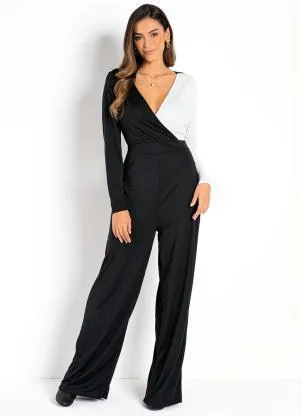 Moda Pop - Macacão Preto e Branco com Decote Transpassado - MODA POP