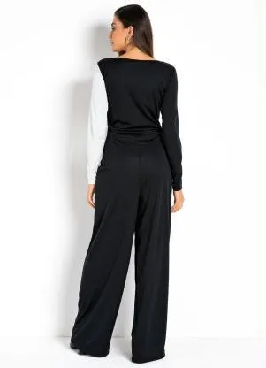 Moda Pop - Macacão Preto e Branco com Decote Transpassado - MODA POP