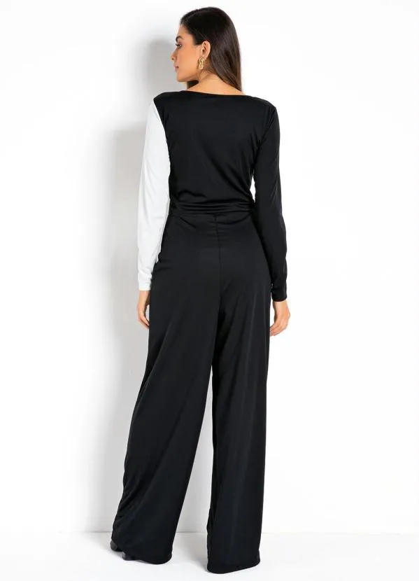 Moda Pop - Macacão Preto e Branco com Decote Transpassado 2