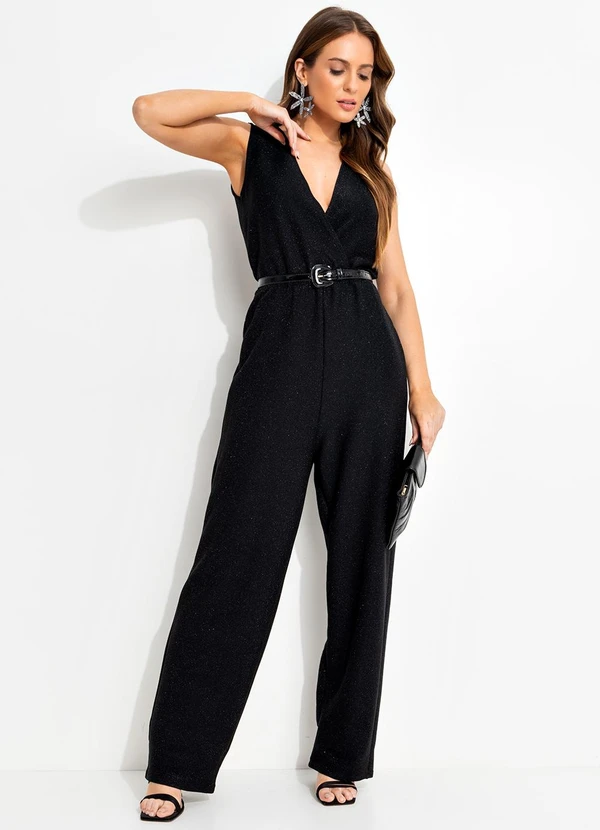 Quintess - Macacão Preto em Malha com Lurex