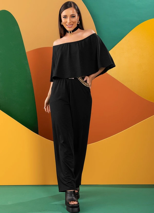 Quintess - Macacão Preto em Malha Crepe