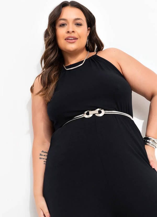 Quintess - Macacão Preto em Malha de Viscose com Elastano