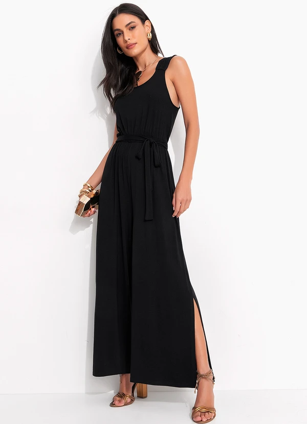 Quintess - Macacão Preto em Malha de Viscose