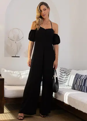 Quintess - Macacão Preto em Viscose Plana Sarjada - QUINTESS