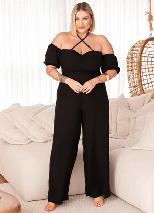 Quintess - Macacão Preto em Viscose Plana Sarjada - QUINTESS