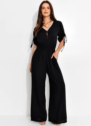 Quintess - Macacão Preto em Viscose Plana - QUINTESS