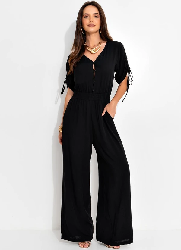 Quintess - Macacão Preto em Viscose Plana