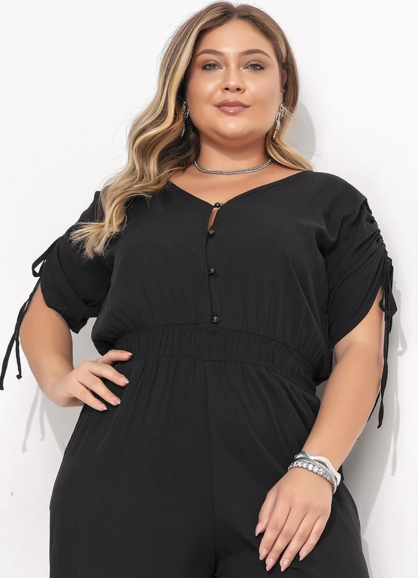 Quintess - Macacão Longo Preto em Viscose com Elástico na Cintura e Bolsos 10