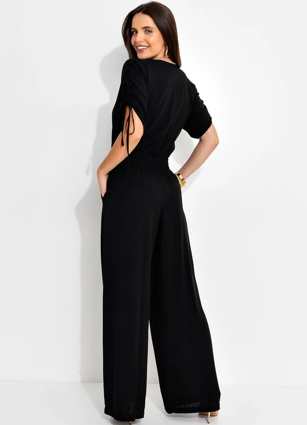 Quintess - Macacão Longo Preto em Viscose com Elástico na Cintura e Bolsos 2