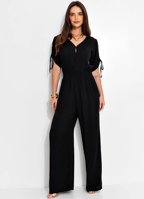 Quintess - Macacão Longo Preto em Viscose com Elástico na Cintura e Bolsos 3