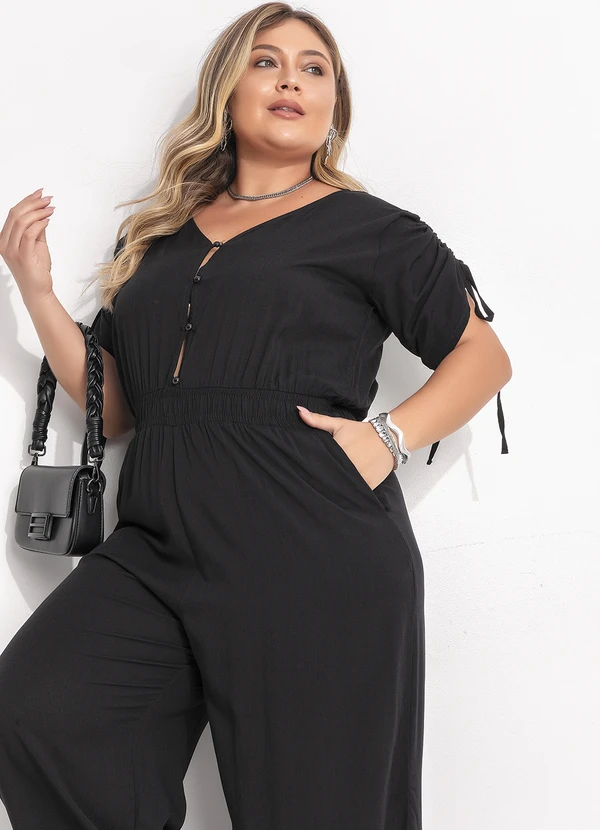 Quintess - Macacão Longo Preto em Viscose com Elástico na Cintura e Bolsos 8