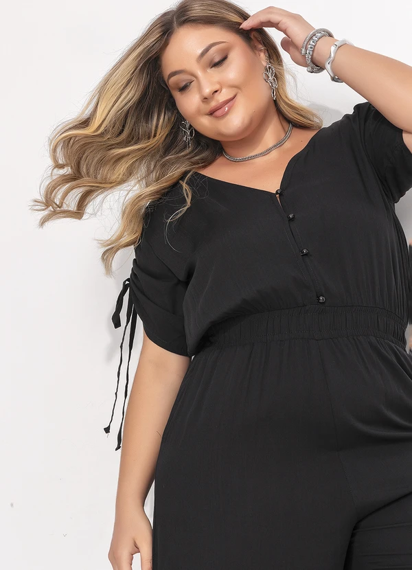 Quintess - Macacão Longo Preto em Viscose com Elástico na Cintura e Bolsos 9