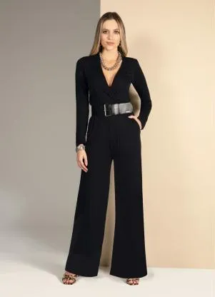 Quintess - Macacão Preto Soltinho com Decote Transpassado - QUINTESS