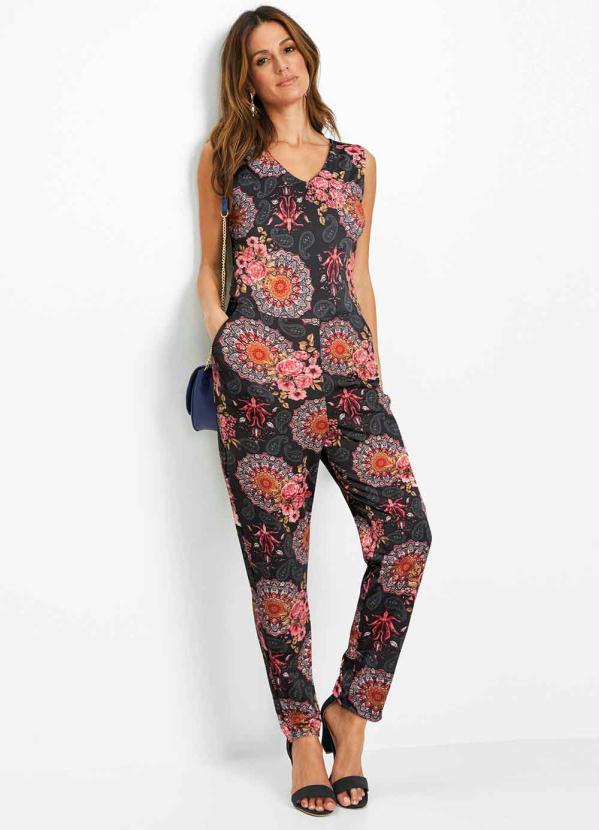 Outlet - Macacão Regata Longo Estampado Vermelho/Preto 4