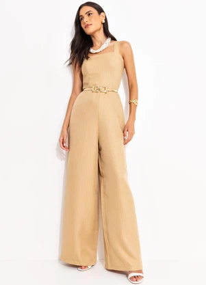 Quintess - Macacão Risca de Giz Caramelo em Alfaiataria - QUINTESS