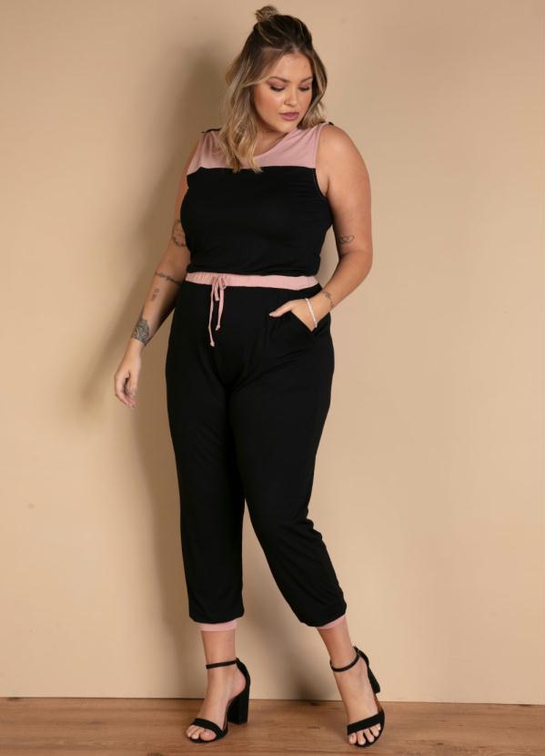 Quintess - Macacão Rosa e Preto Acinturado com Bolsos 4