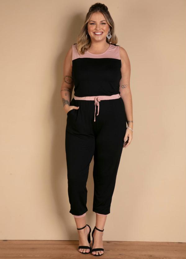 Quintess - Macacão Rosa e Preto Acinturado com Bolsos 6