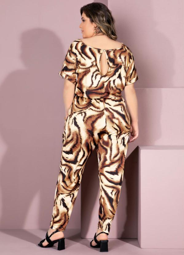 Quintess - Macacão Tigre Bege Acinturado com Bolsos 5