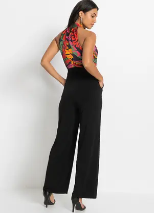 bonprix - Macacão Tropical Preto em Malha Crepe - BONPRIX