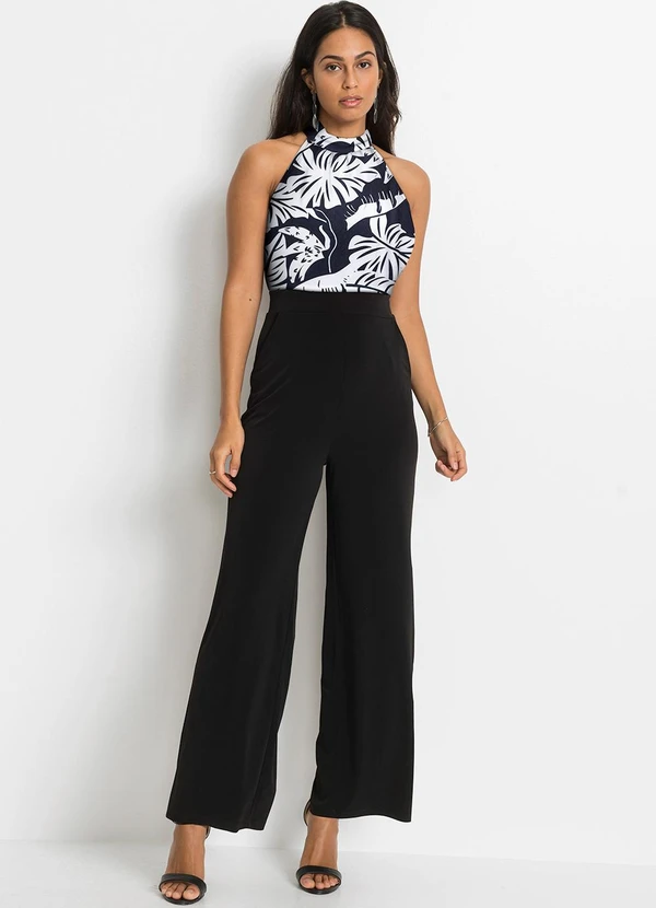 bonprix - Macacão Tropical Preto em Malha Crepe