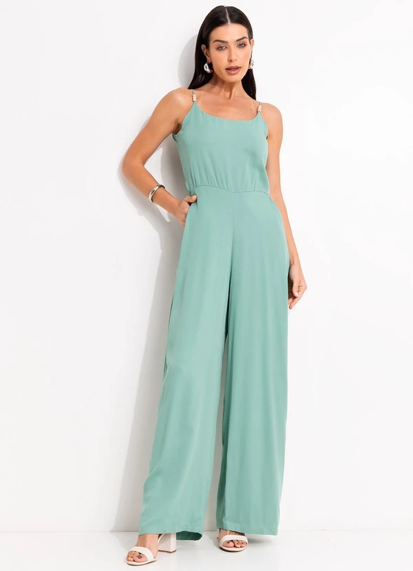 Quintess - Macacão Verde Claro em Viscose Plana Sarjada