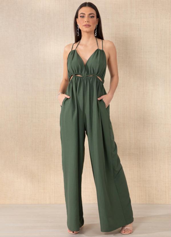 Quintess - Macacão Verde Musgo com Recortes Vazados